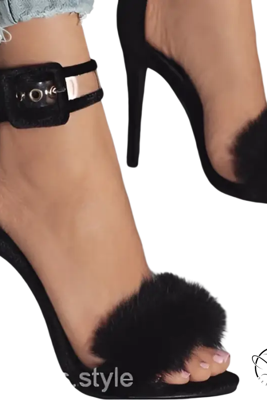 Black rabbit fur high heels with fluffy pom-poms and velvet ankle strap