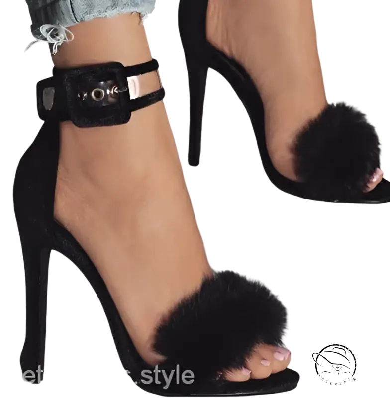 Black rabbit fur high heels with fluffy pom-poms and velvet ankle strap