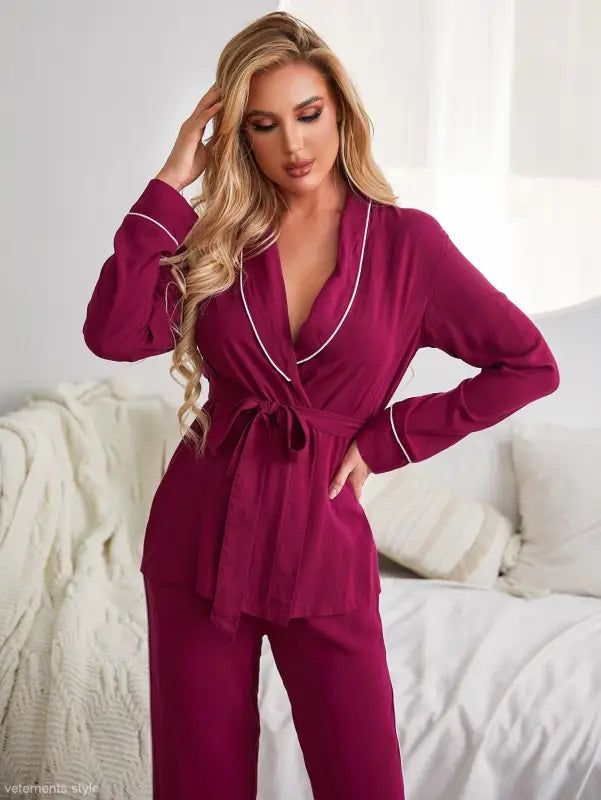 Burgundy pajama set with wrap-style top and matching pants, ideal as red cardigan pajamas