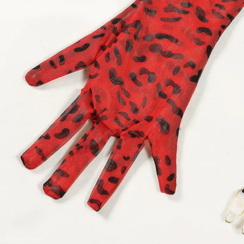 Red leopard print glove with black pattern from the Leopard Print Three-Piece Lace and Fishnet Bra Set