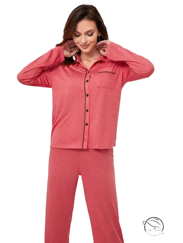 Red long sleeved homewear suit with soft coral fabric, black buttons and pocket