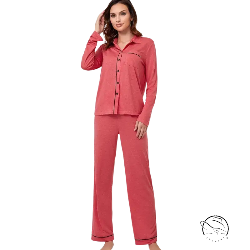 Red long sleeved homewear suit in soft coral with black trim