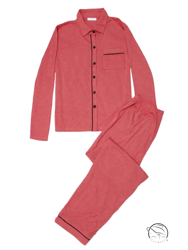 Coral pink long sleeved homewear suit with black trim and buttons