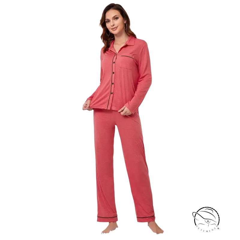 Red long-sleeved homewear suit in soft coral with black piping