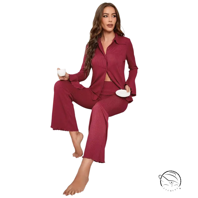 Maroon ribbed knit red threaded pajamas two-piece set with long sleeves and flared pants