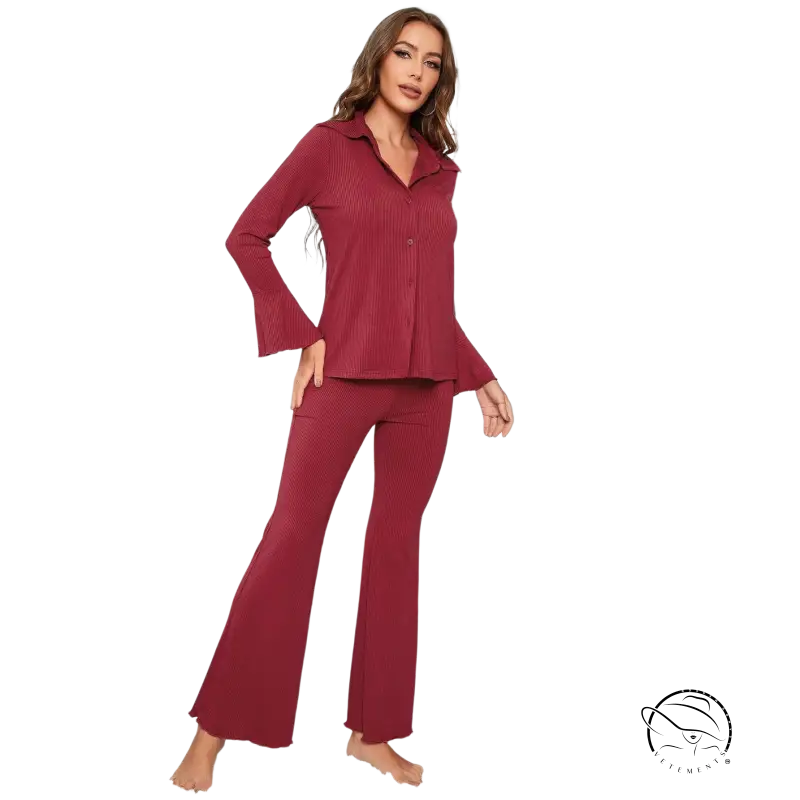 Maroon red threaded pajamas two-piece set with ribbed long-sleeve shirt and wide-leg pants