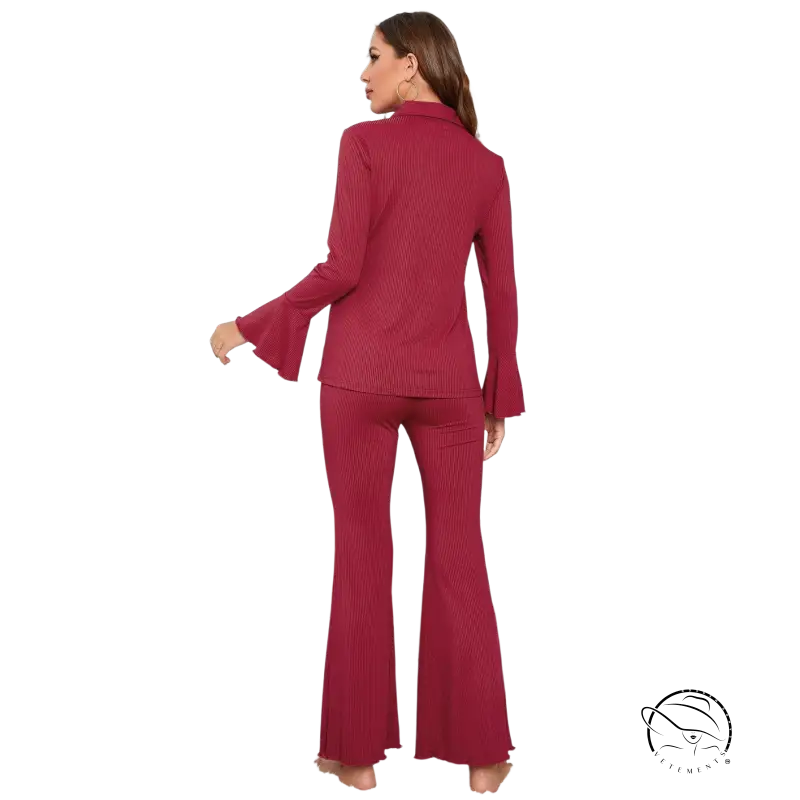 Red threaded pajamas two-piece set with flared sleeves and wide-leg pants