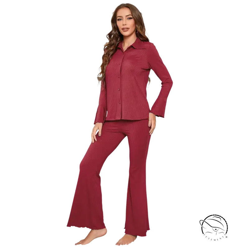 Maroon ribbed knit red threaded pajamas two-piece set with long sleeve shirt and flared pants
