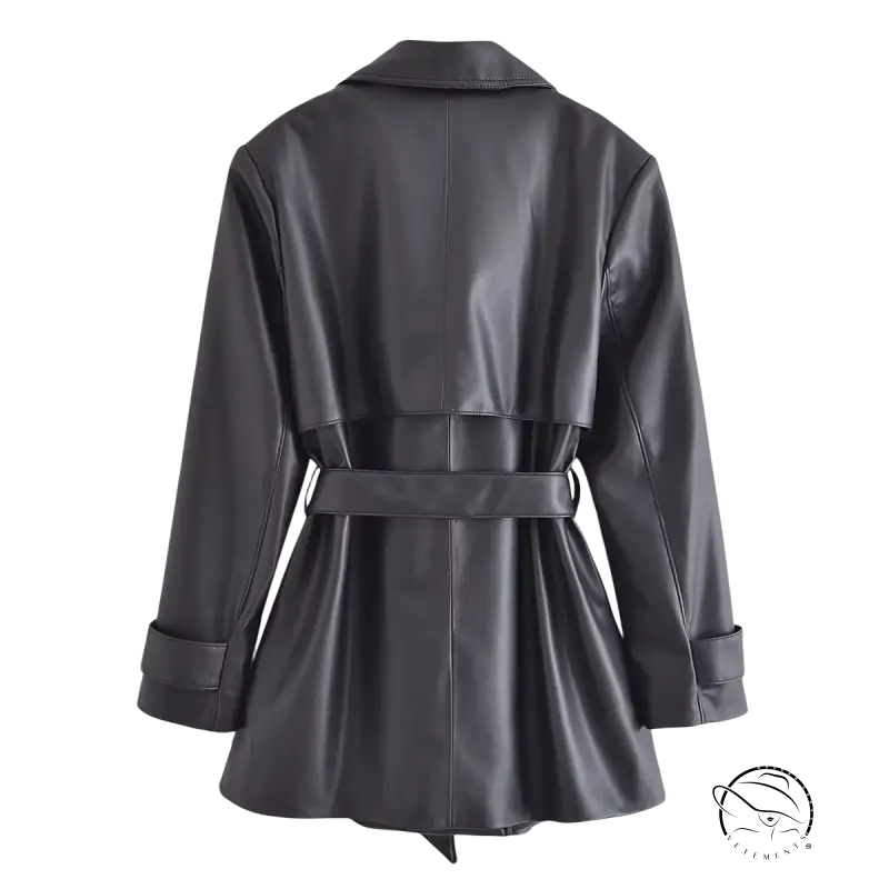 Retro lapels faux leather trench coat with belted waist