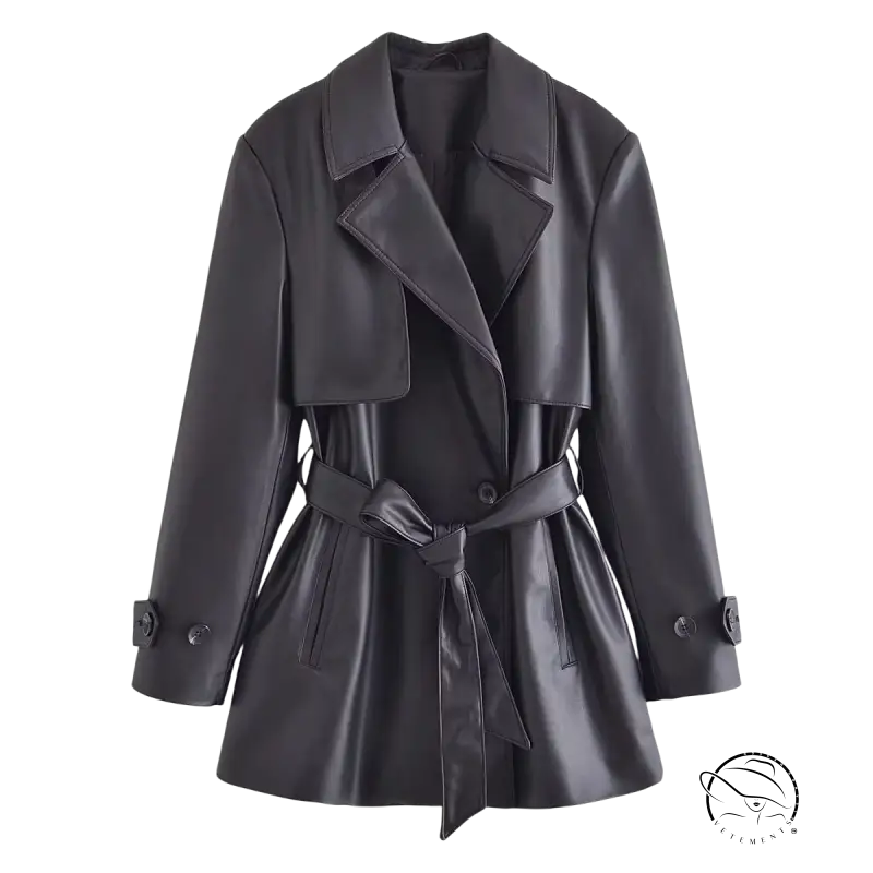 Black retro lapels faux leather trench coat with belted waist
