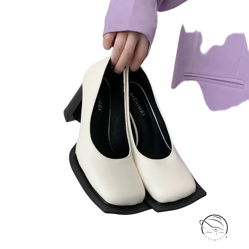 Retro square heels in white and black, cream square heels high with black block heel