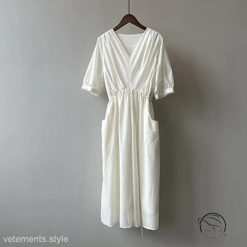 Retro V Neck Pleated Midi Dress in white cotton with puffed sleeves