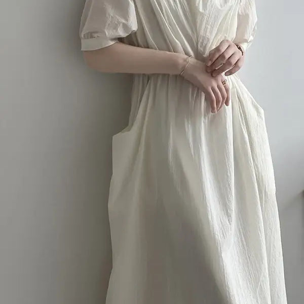 White flowy maxi dress with short sleeves and gathered waist, Retro V Neck Pleated Dress