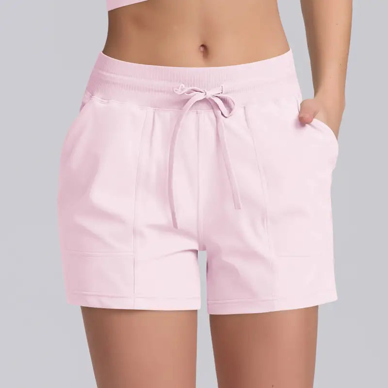 Rose pink casual yoga shorts with drawstring and solid pocket design