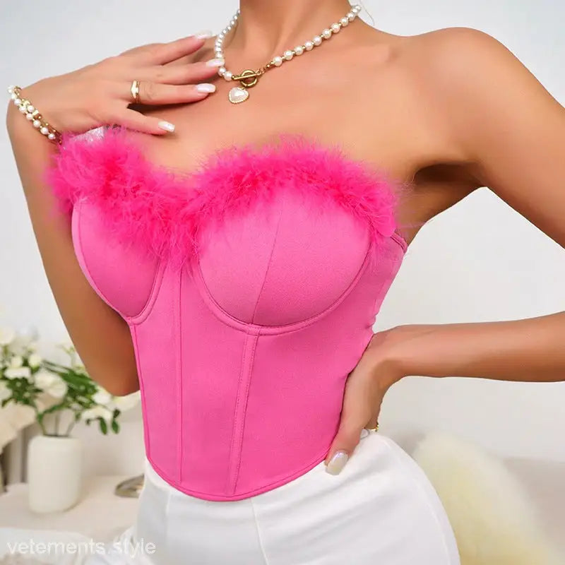 Vibrant Rose Red Chest Patchwork Feather Corset Tube Top with feathered trim