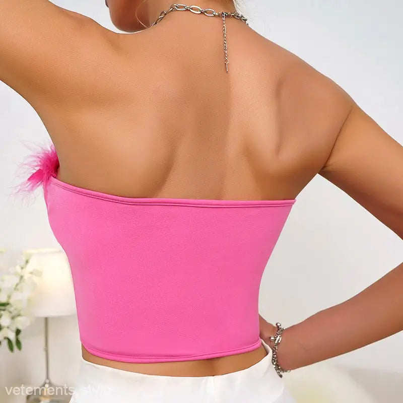 Fuchsia pink strapless crop top with fluffy feather trim, part of Rose Red Chest Patchwork Feather Corset collection