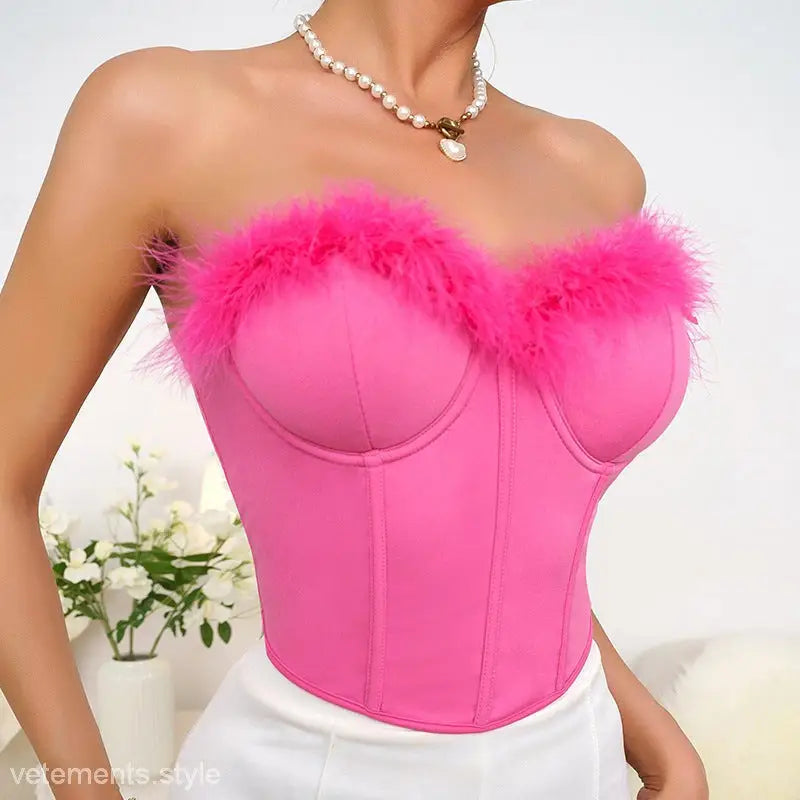 Vibrant pink Rose Red Chest patchwork feather corset tube top with fluffy feather trim