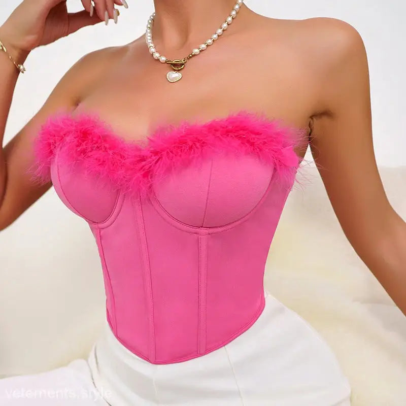 Hot pink strapless rose red chest patchwork feather corset top with fluffy feather trim