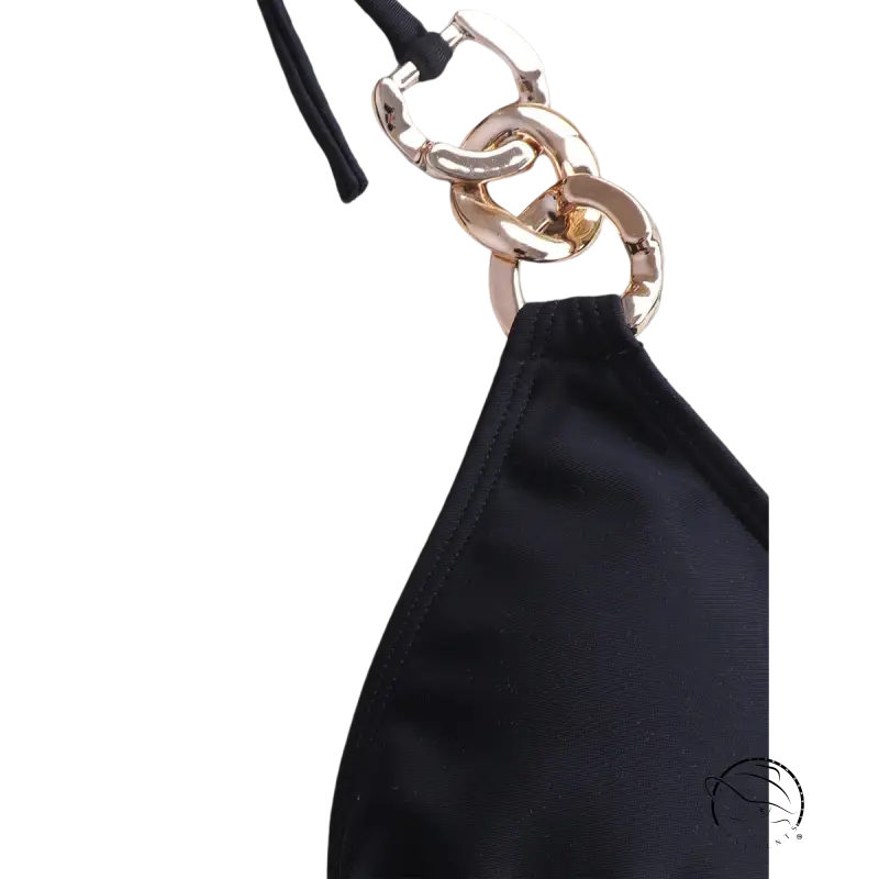 Rose red high waist sexy bikini with black satin top and gold chain clasp