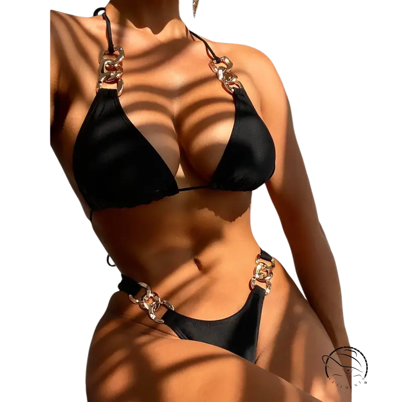 Rose red high waist sexy bikini with gold chain details