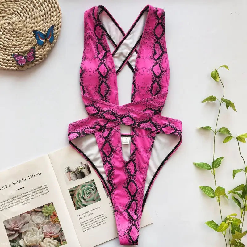 Pink snakeskin-patterned Rose Red Serpentine backless swimsuit sexy bikini with cutout sleeves