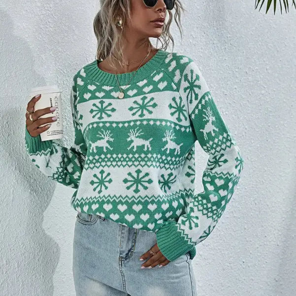 Green and white elk winter knitted Christmas snowflake sweater with a round neck design