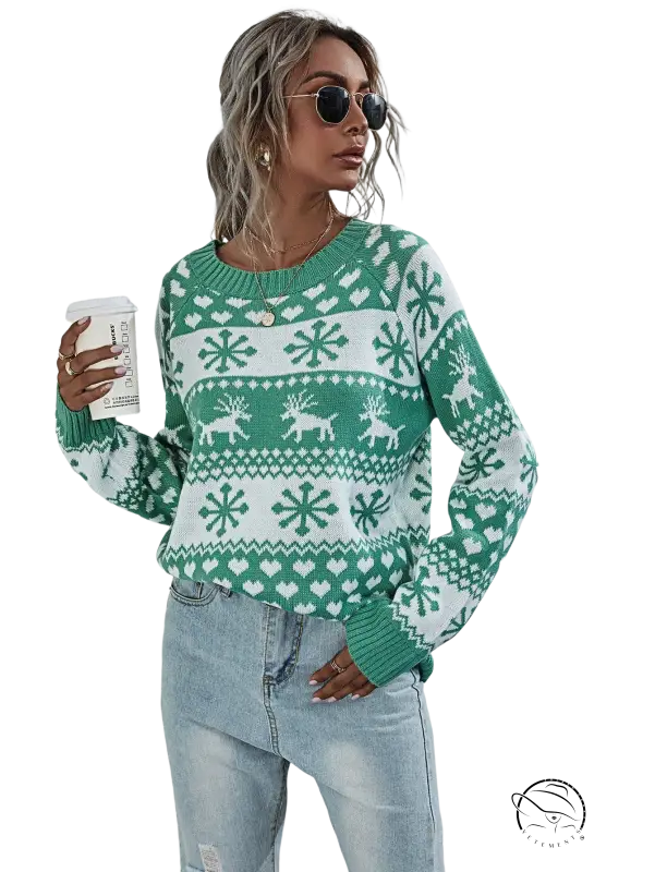 Round neck Christmas elk winter knitted sweater with reindeer and snowflakes