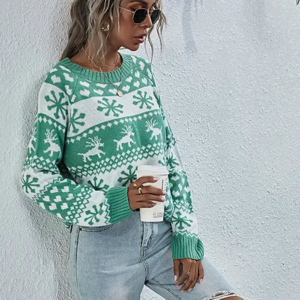 Green and white round neck Christmas elk winter knitted sweater with reindeer and snowflakes