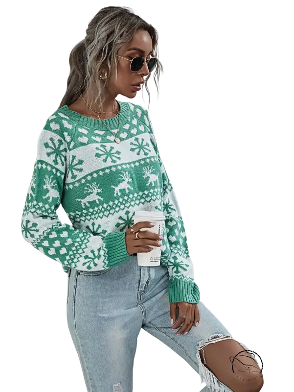 Round neck Christmas elk winter knitted sweater with reindeer snowflake motifs