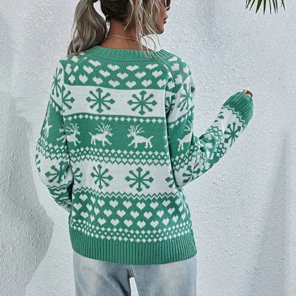 Green and white Elk Winter Knitted Christmas Snowflake Sweater with round neck design