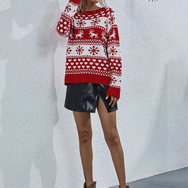 Red and white Elk Winter Knitted Christmas Snowflake Sweater with reindeer, round neck design