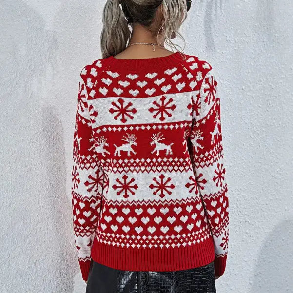 Red and white elk winter knitted Christmas snowflake sweater with round neck design