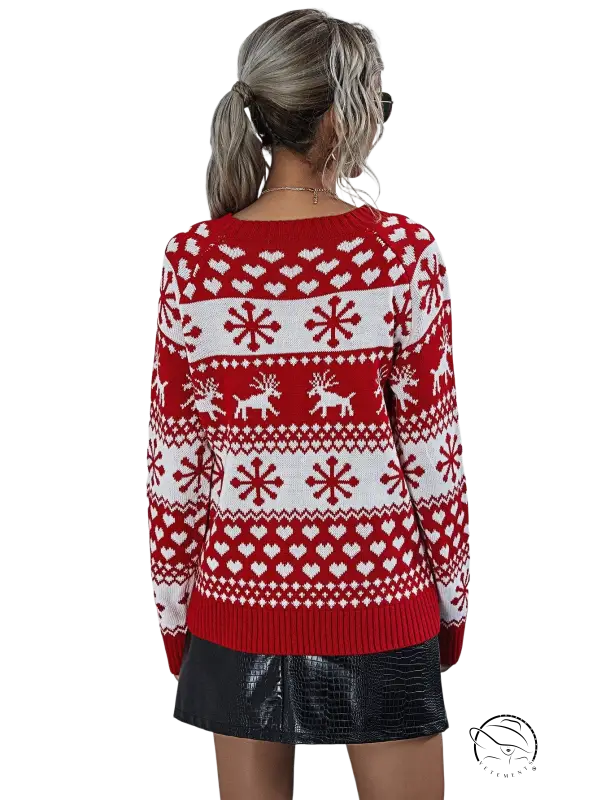 Round neck Christmas elk winter knitted sweater with red and white reindeer snowflake patterns