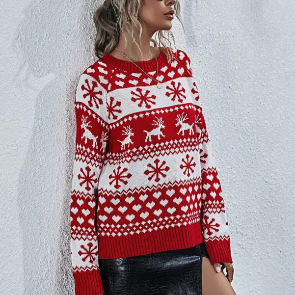 Red and white elk winter knitted Christmas snowflake sweater with reindeer, round neck style