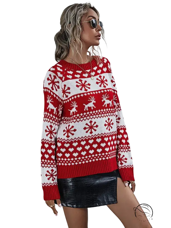 Red and white round neck Christmas elk winter knitted sweater with reindeer and snowflake patterns