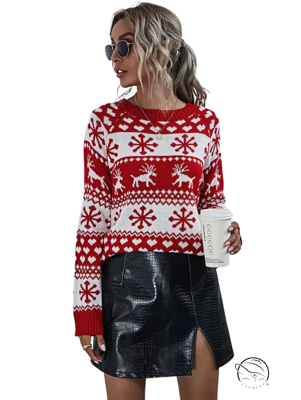 Round neck Christmas elk winter knitted sweater with reindeer and snowflake patterns