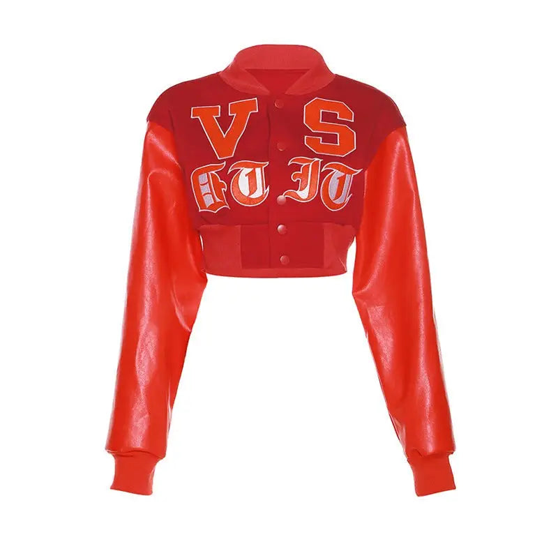 Red cropped varsity jacket featuring embroidery, ideal as a round neck loose short jacket