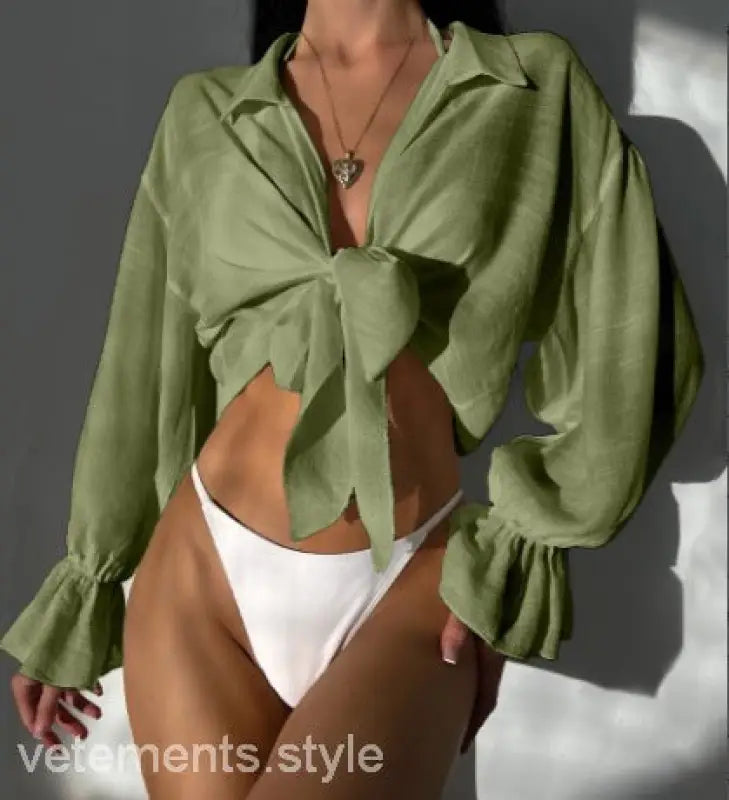 Olive green tie-front blouse paired with Royal Blue Boho Tie Sleeve Top for Summer Vacation