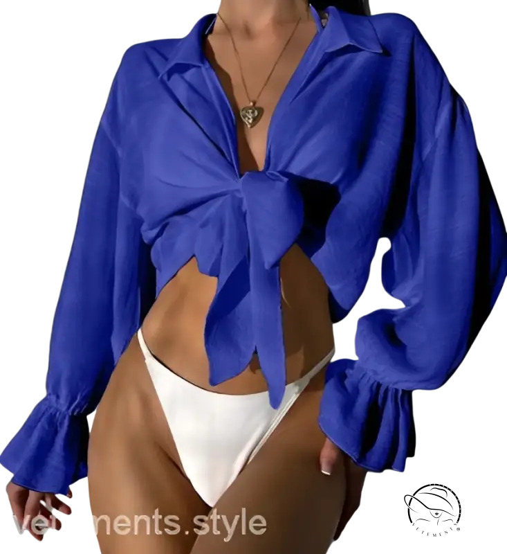 Royal blue tie-front blouse with boho sleeves for summer vacation