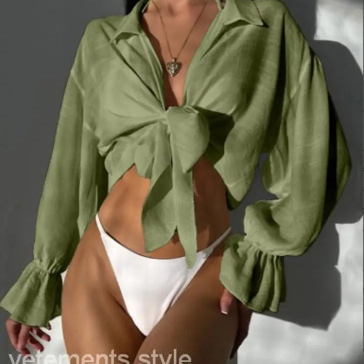 Olive green tie-front blouse paired with Royal Blue Boho Tie Sleeve Top for summer vacation