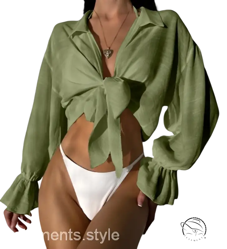 Royal blue boho tie sleeve top with olive green tie-front blouse