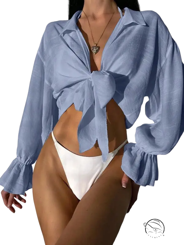 Royal blue boho tie-front blouse in light blue for summer vacation