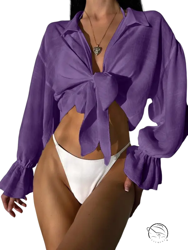 Royal blue purplish tie-front blouse with boho sleeves