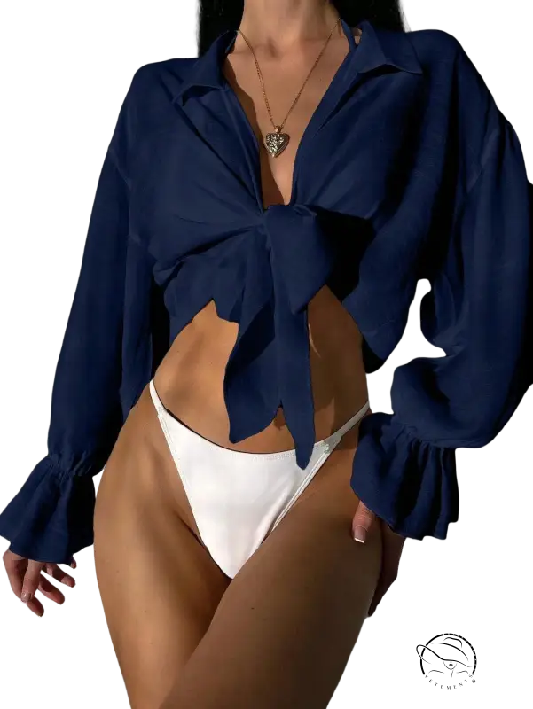 Royal blue tie-front blouse with white bikini bottoms