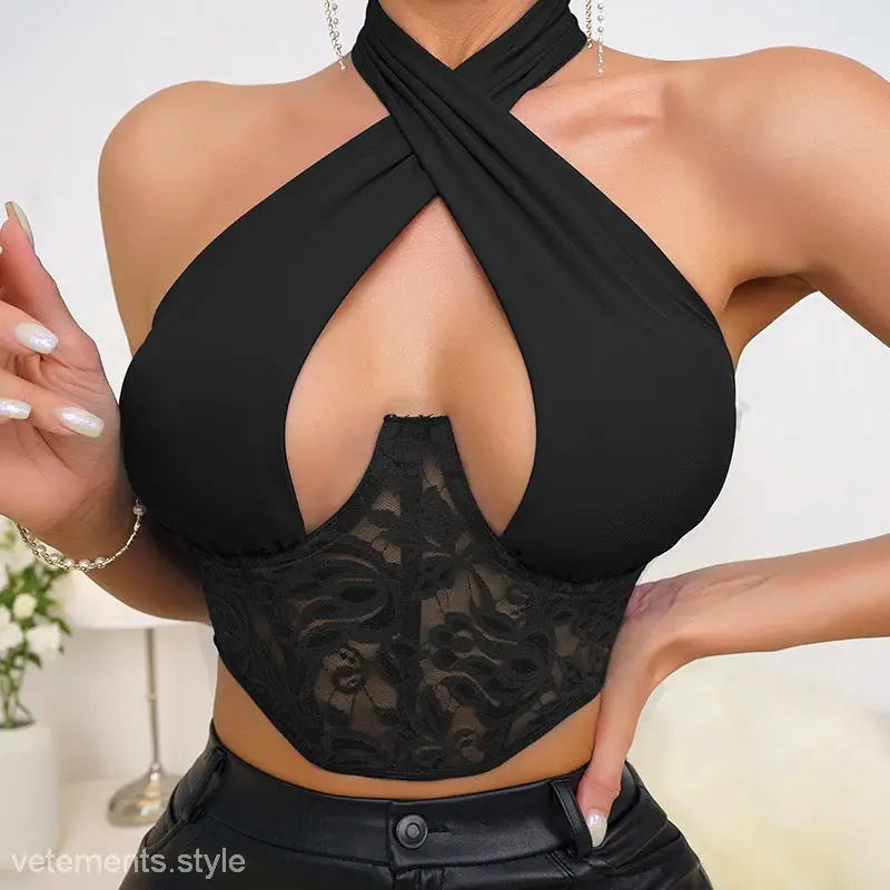 Royal blue corset sexy outfit halter lace crop top with criss-cross neckline and lace details