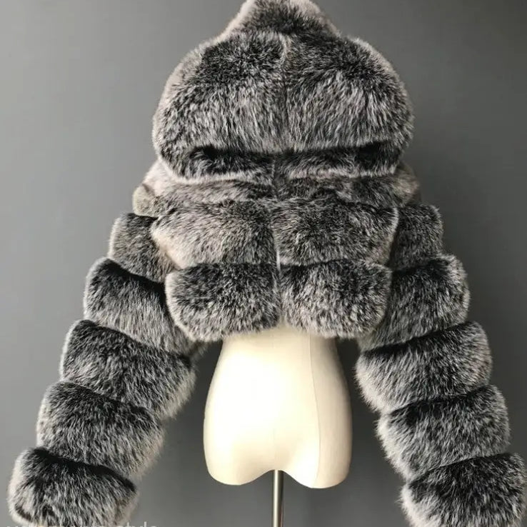 Royal blue faux fur coat with silver fox hood and puffy sleeves