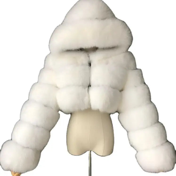 Royal blue faux fur coat with puffy white silver fox sleeves and hood