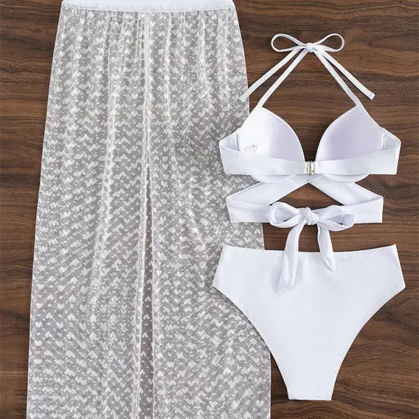 White three-piece swimsuit set displayed with Royal Blue Maxi Swimsuit with Lace and Tulle Accents