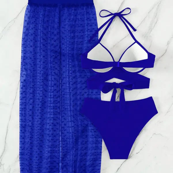 Royal blue sexy maxi swimsuit with lace and tulle accents display set