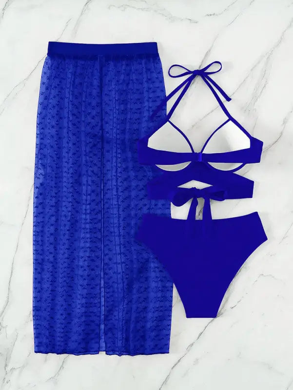 Royal blue sexy maxi swimsuit with lace and tulle accents display set